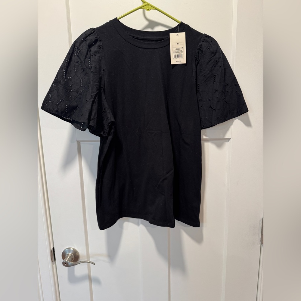 New with Tags Black Eyelet Puff Sleeve Top